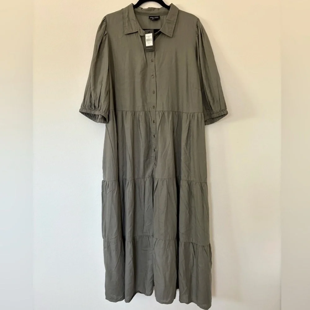 NWT City Chic Charlotte Tiered Olive Green Short Sleeve Maxi Dress Boho Style